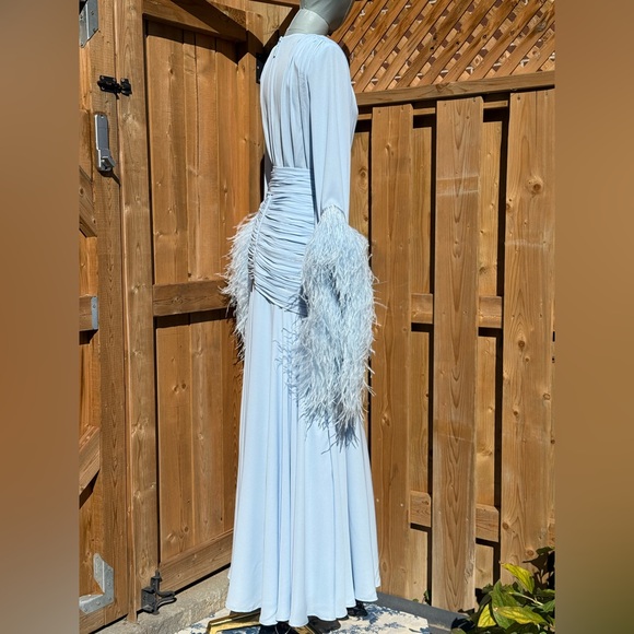🆕 BRONX & BANCO 🧿 NWOT Geisha Feather-Trim Maxi Dress, Powder Blue - Sz M US 6 - Picture 7 of 16
